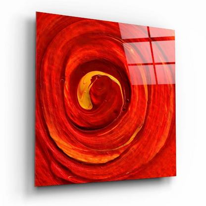Fiery swirl glass wall art with vibrant red orange marble design