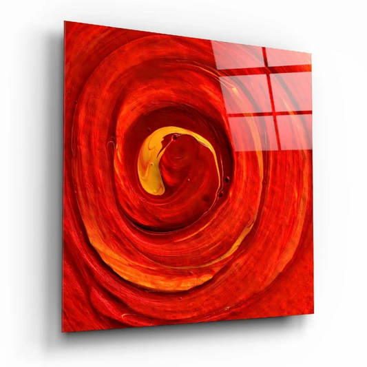 Fiery swirl glass wall art with vibrant red orange marble design