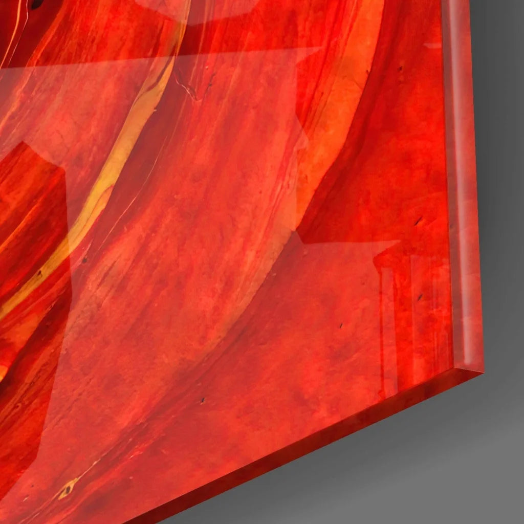Vibrant red Fiery Swirl glass wall art with orange yellow marbled patterns