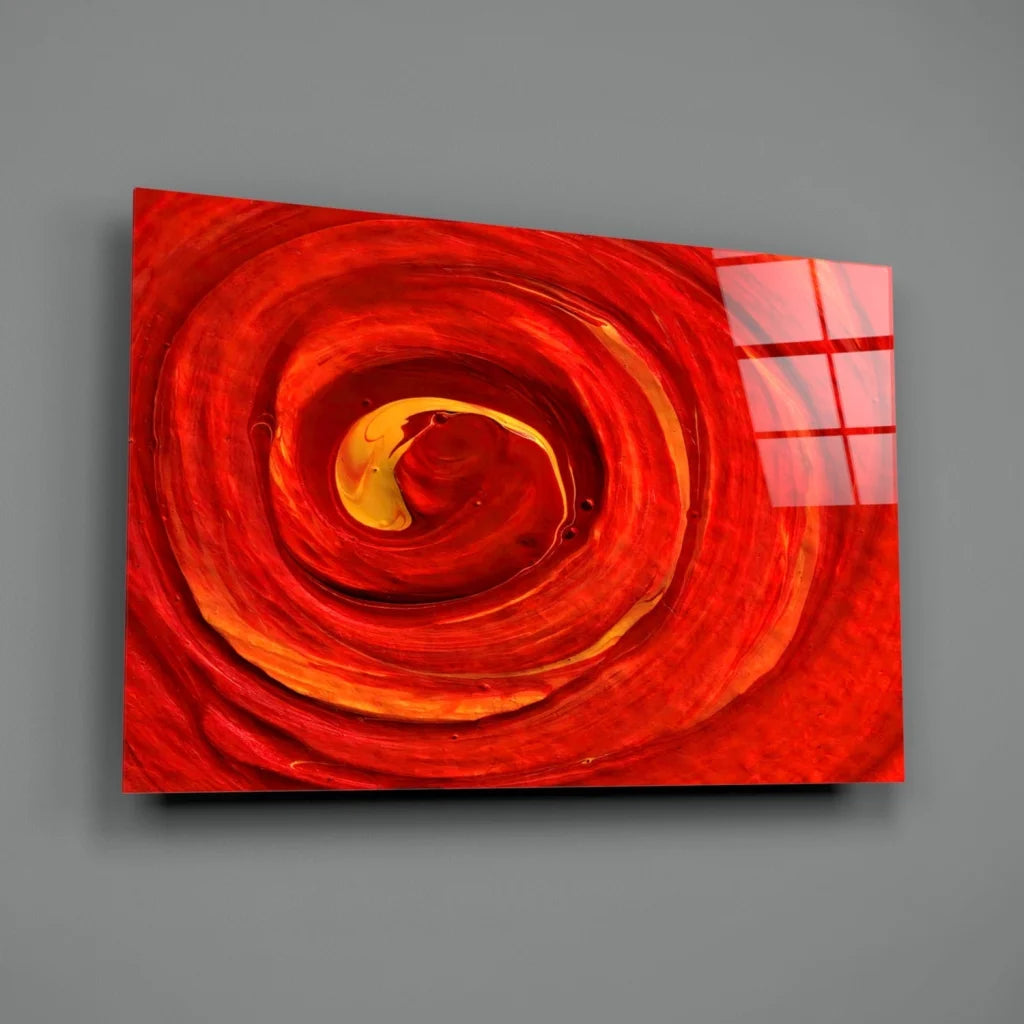 Vibrant red orange glossy swirls in Fiery Spiral glass wall art