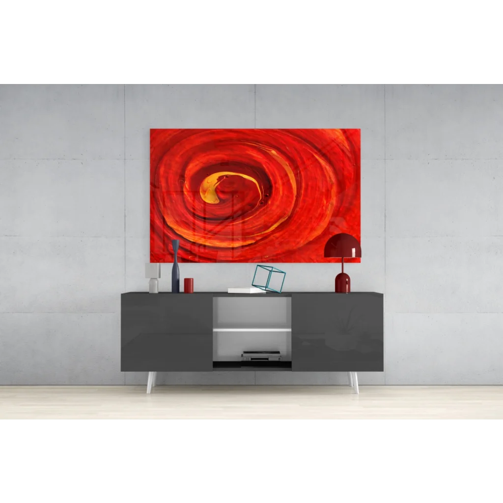 Vibrant fiery spiral glass wall art with red orange abstract swirls