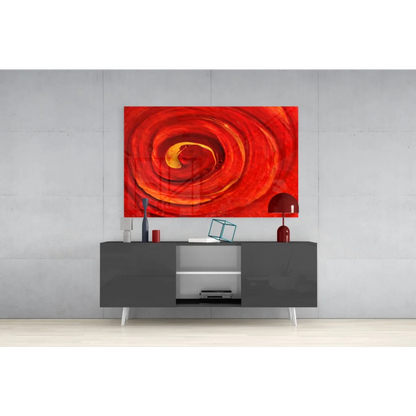 Vibrant fiery spiral glass wall art with red orange abstract swirls