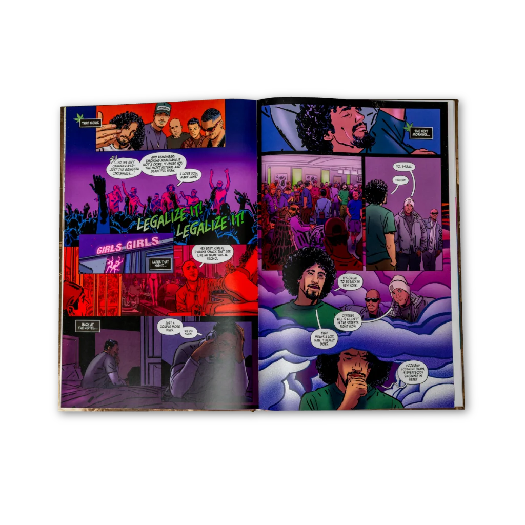 Open comic book with colorful illustrations from Cypress Hill Black Sunday art print set