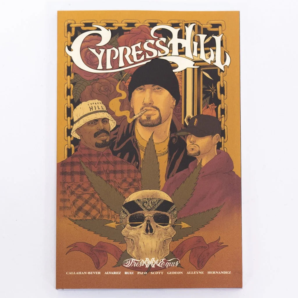 Cypress Hill comic cover by Ramon Villalobos: skull with weed leaf, plaid shirt, shades