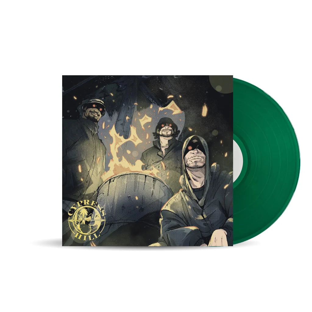 Green vinyl record with masked figures on album cover for Cypress Hill Juan Gedeon Ricardo Lopez Ortiz box set