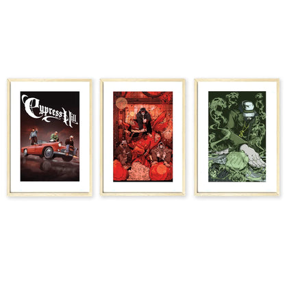 Three framed art prints from Cypress Hill Signed Graphic Novel Limited Edition Box Set featuring Juan Gedeon and Ricardo Lopez Ortiz