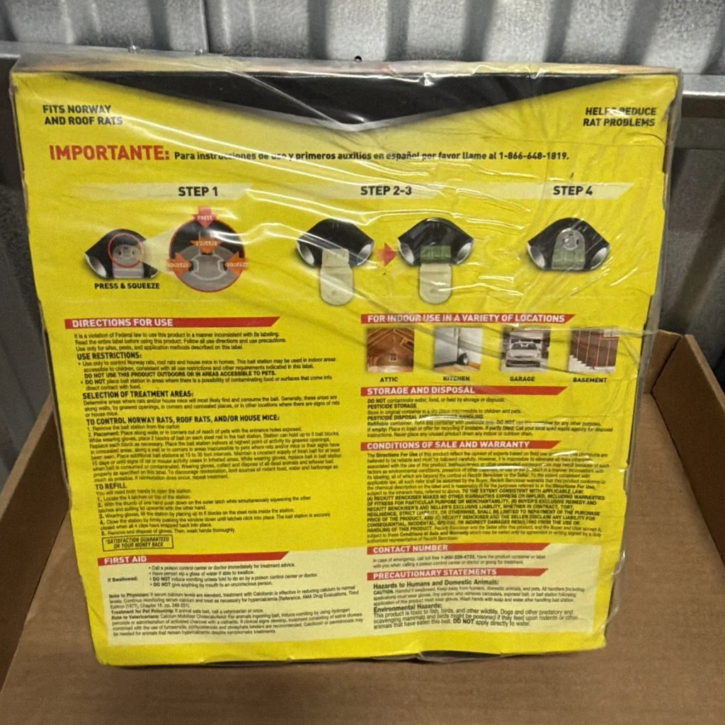 D-con Pro rat bait station with yellow black plastic packaging and 12 blocks
