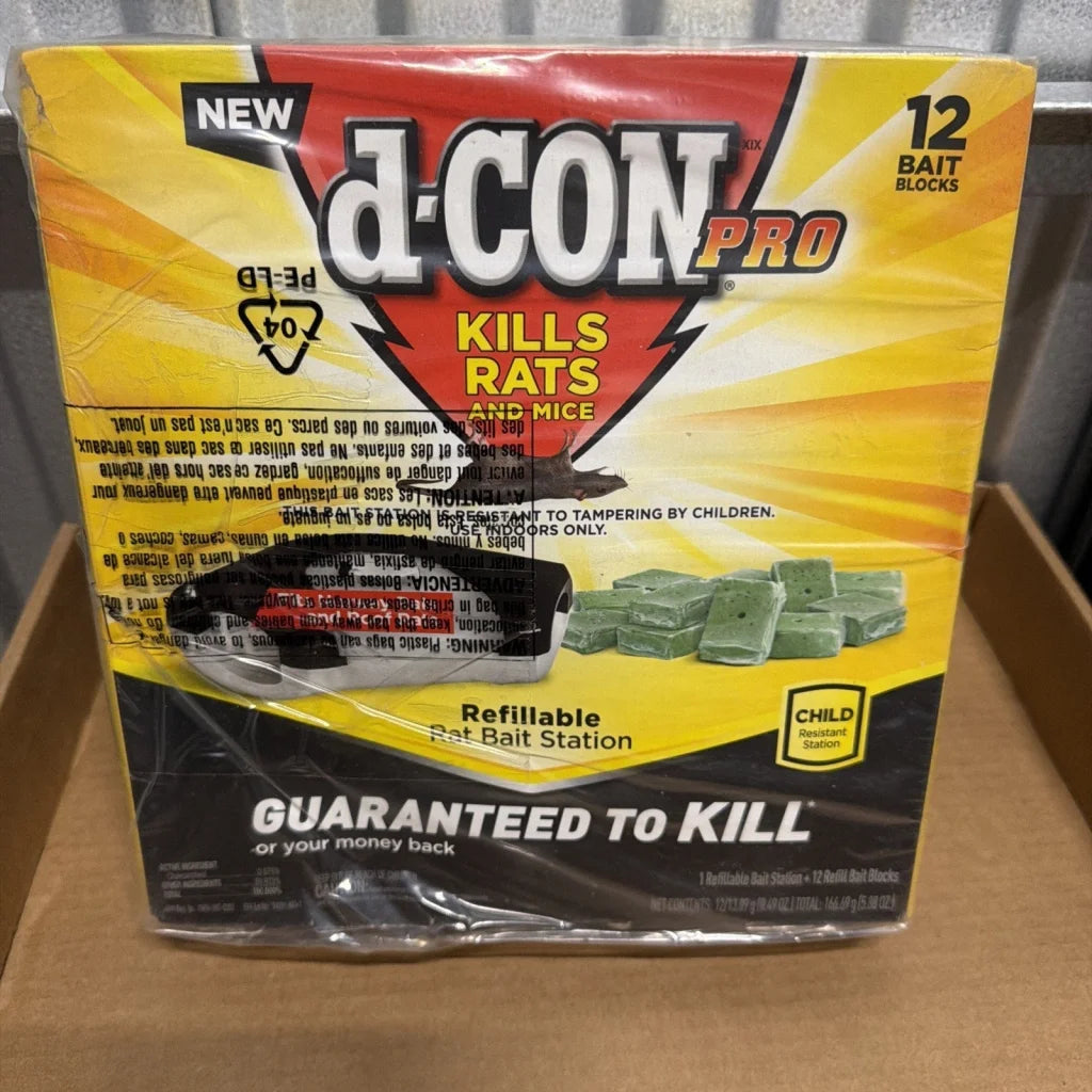 D-con pro rat bait station with 12 yellow black blocks and green bait cubes