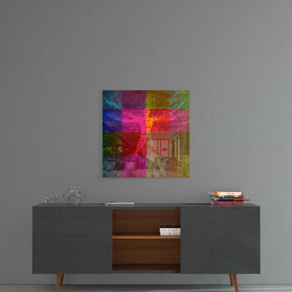Vibrant glass wall art with bold geometric colors in pink, blue, green, orange