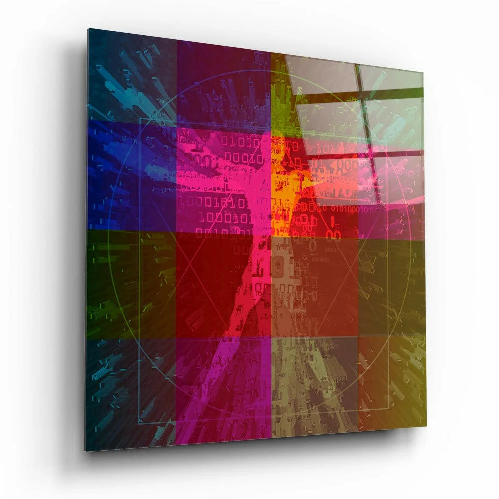 Vibrant glass wall art with bold overlapping colors and binary overlays