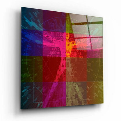 Vibrant glass wall art with bold overlapping colors and binary overlays