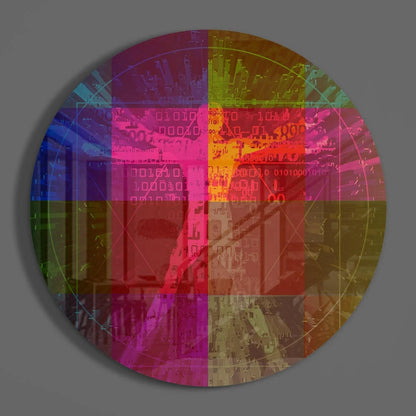 Vibrant rainbow binary code on tempered glass art
