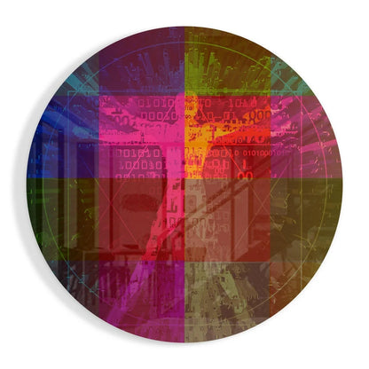 Vibrant rainbow binary code tempered glass art with grid overlay