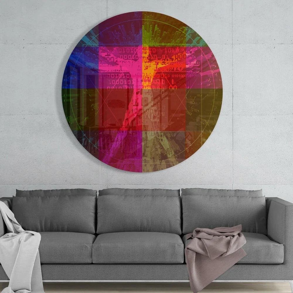 Vibrant rainbow binary code on tempered glass art