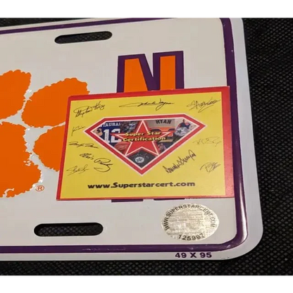 Clemson Tigers license plate with Super Star sticker and signatures, Dabo Swinney signed team collectible