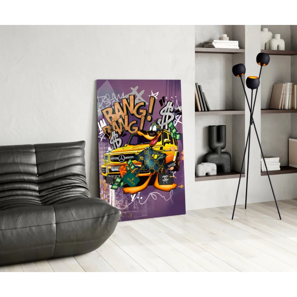 Vibrant graffiti duck in yellow Mercedes canvas wall art with cash