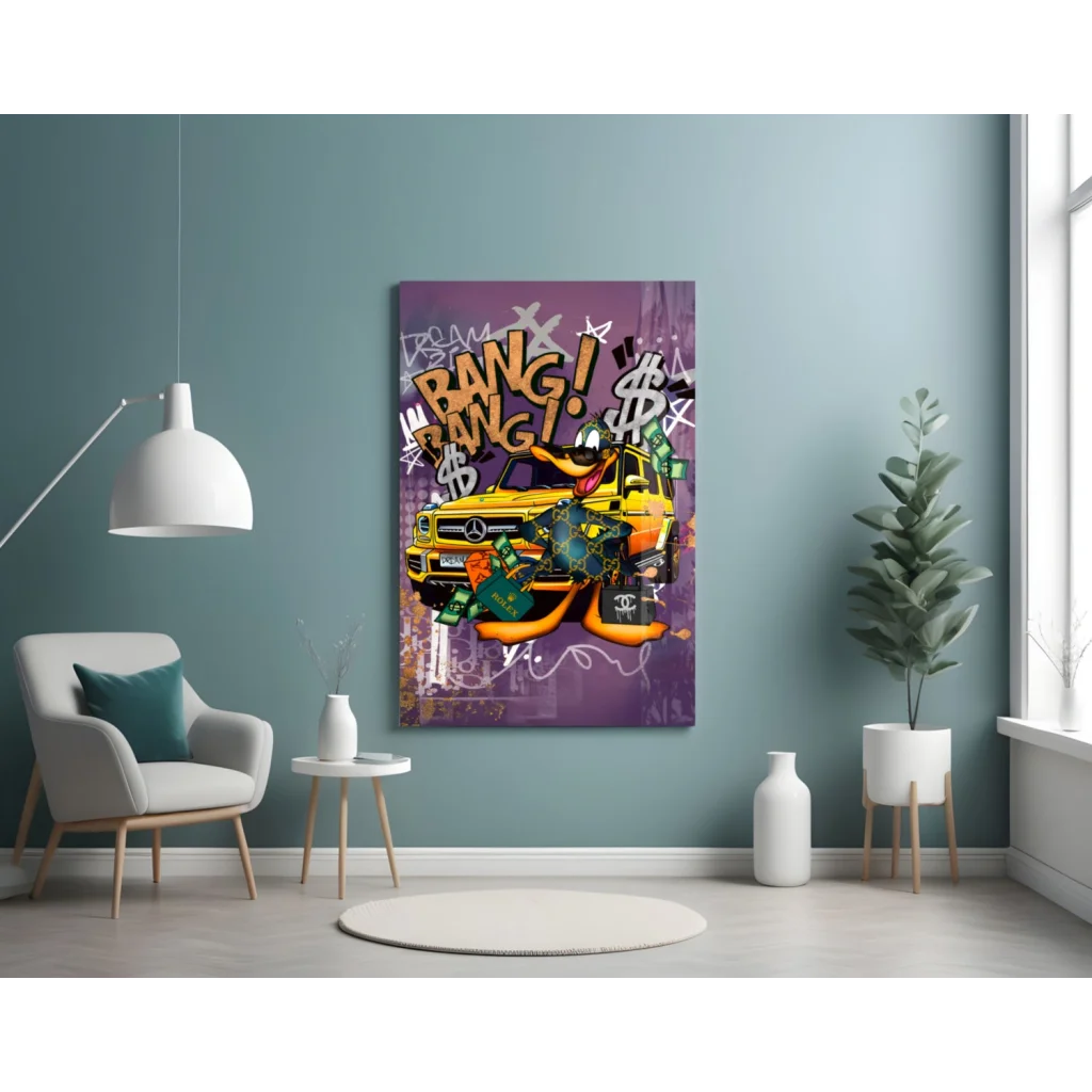 Vibrant graffiti wall art of yellow Mercedes with cash and Chanel