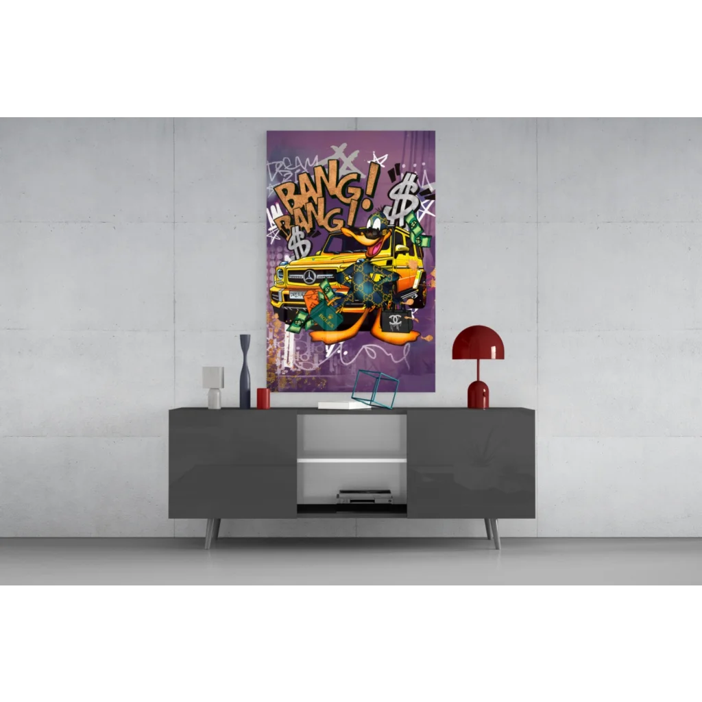 Vibrant purple graffiti wall art with yellow Mercedes G-Wagon and cash