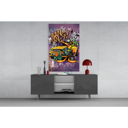 Vibrant purple graffiti wall art with yellow Mercedes G-Wagon and cash