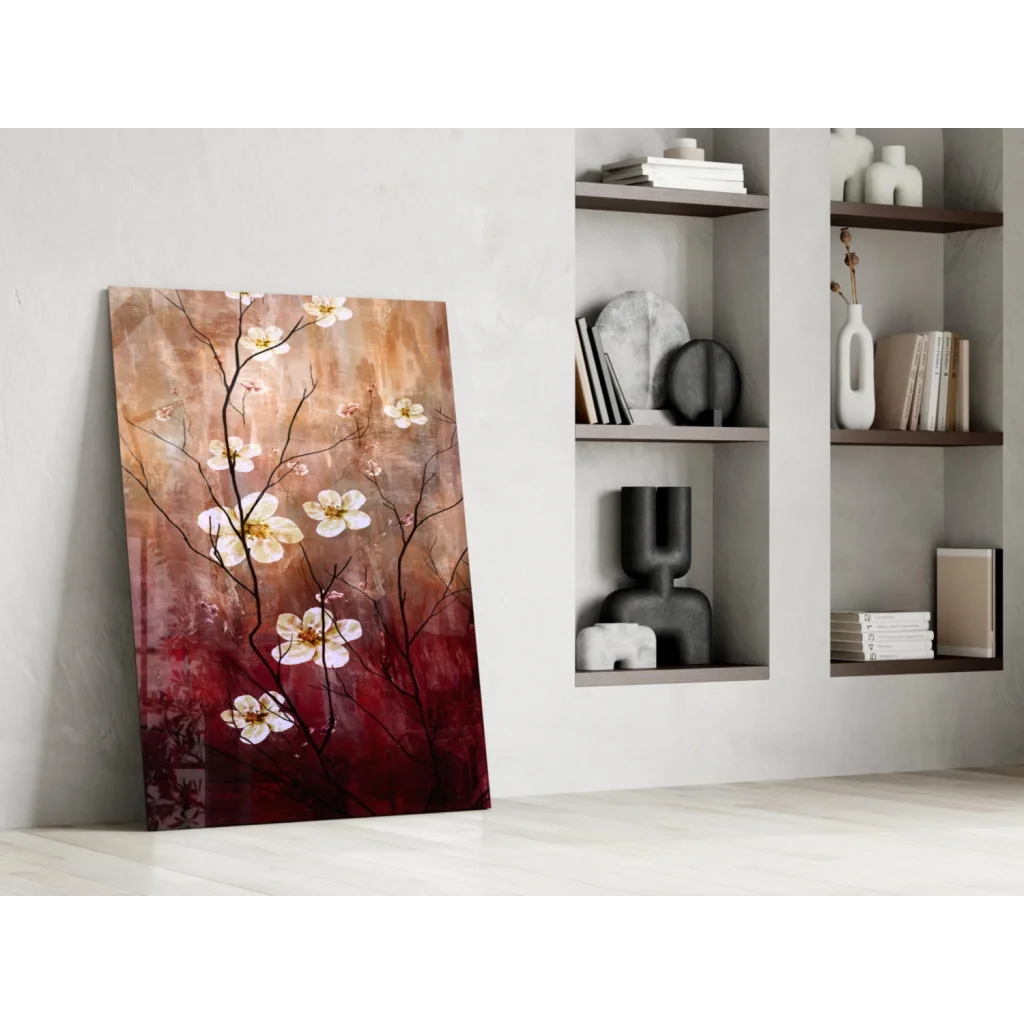 Delicate white blossoms glass wall art print on warm brown red gradient