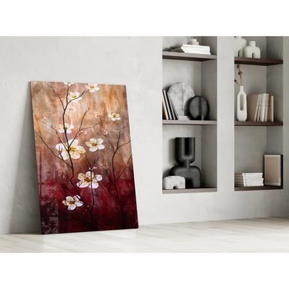 Delicate white blossoms glass wall art print on warm brown red gradient