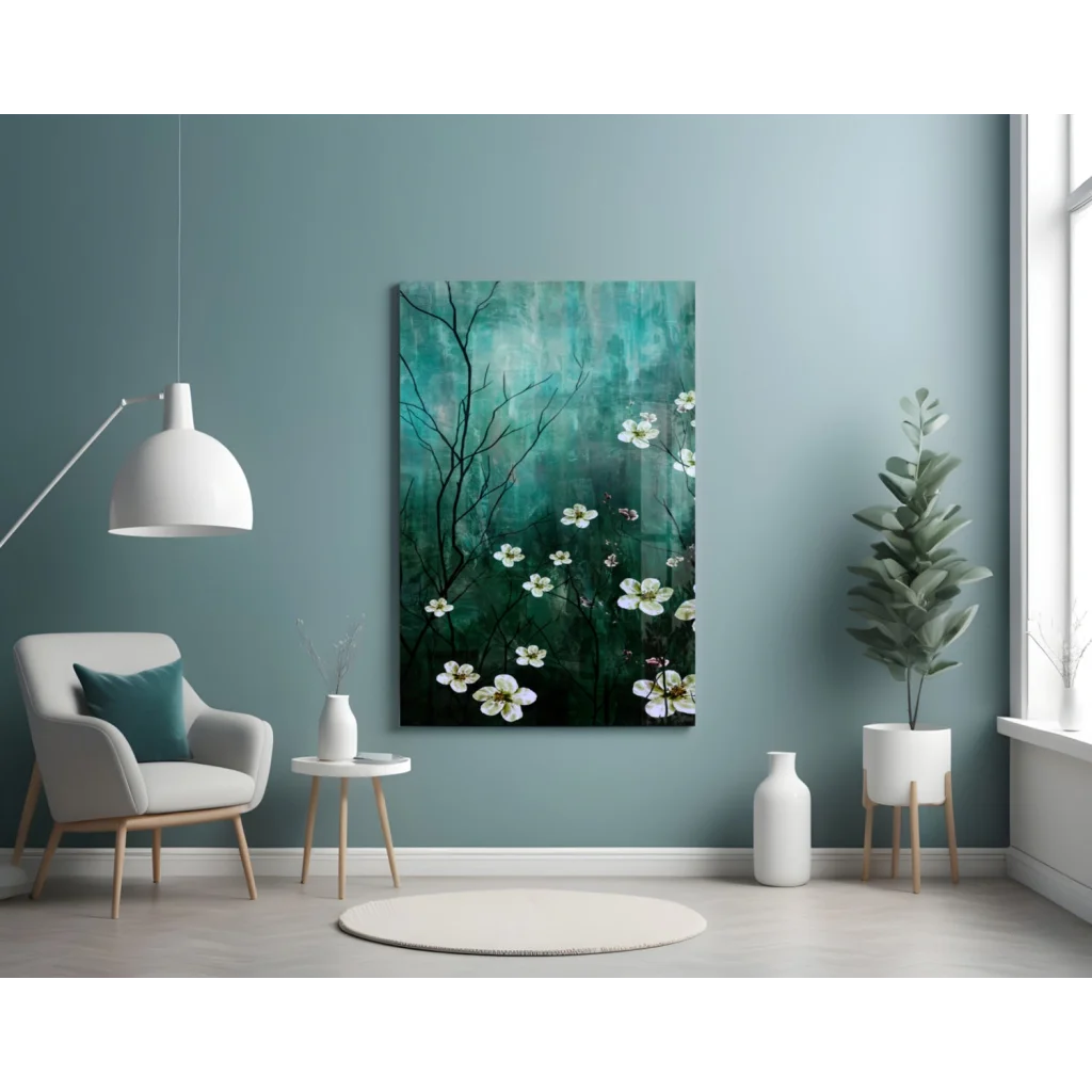 Stunning teal blossom canvas wall art with white florals and dark branches