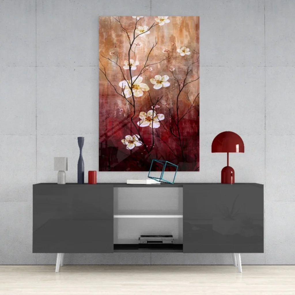 Delicate white blossoms glass wall art print on vertical canvas