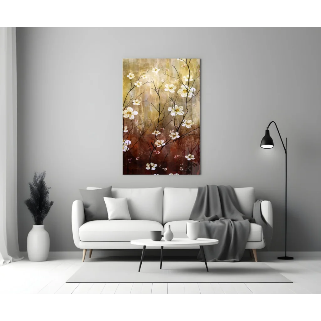 Stunning blossom wall art canvas with gold brown gradient
