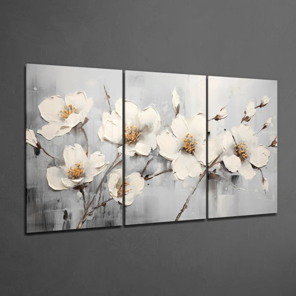 Stunning White Blossom Glass Wall Art in Silver and Gold | Glass Wall Art Print | vintageantiquesgifts.com