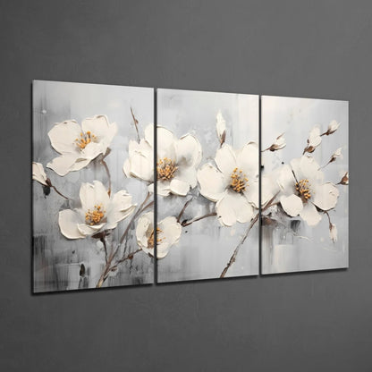 Stunning White Blossom Glass Wall Art in Silver and Gold | Glass Wall Art Print | vintageantiquesgifts.com