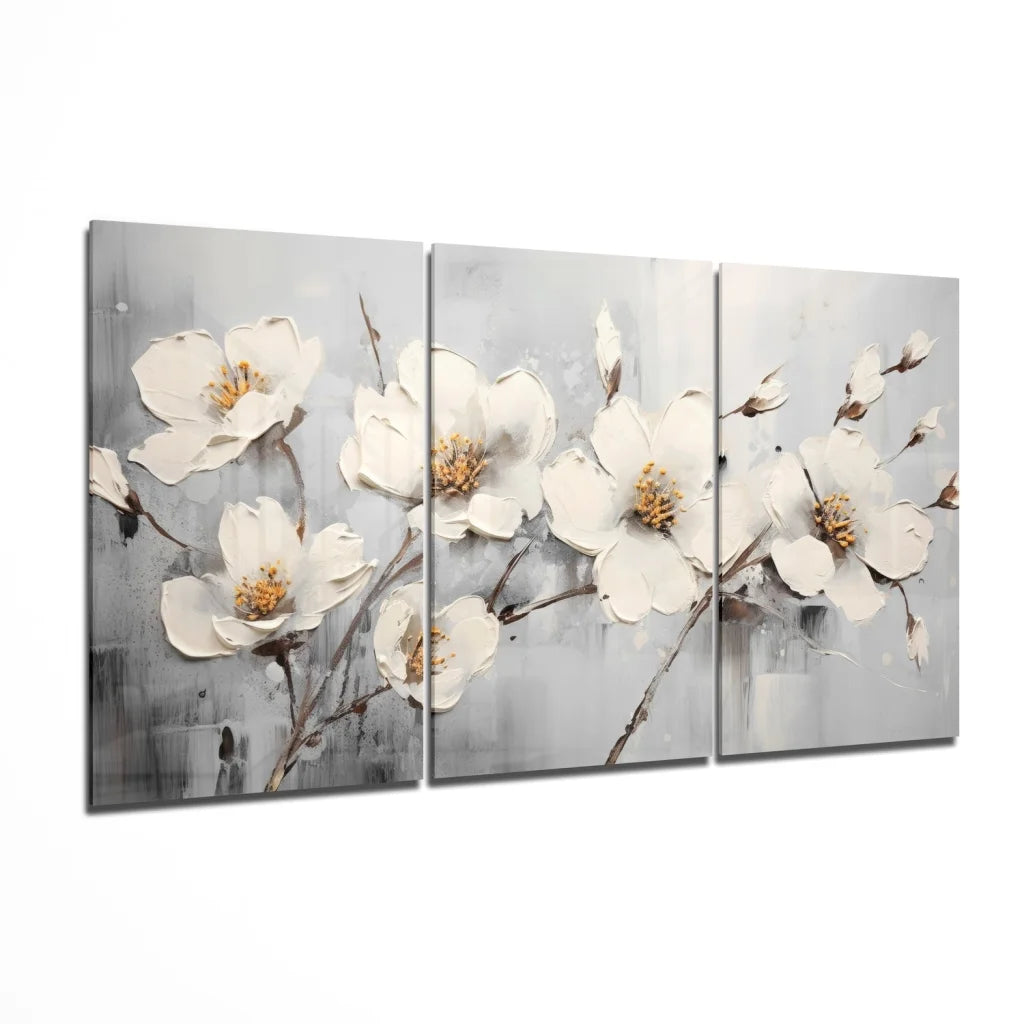 glass wall art Stunning white blossom glass wall art with golden centers on gray silver background