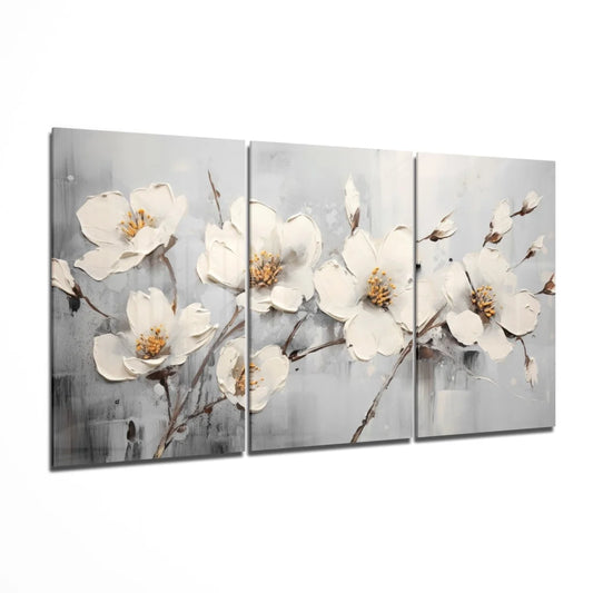 Stunning White Blossom Glass Wall Art in Silver and Gold | Insigneart USA | vintageantiquesgifts.com
