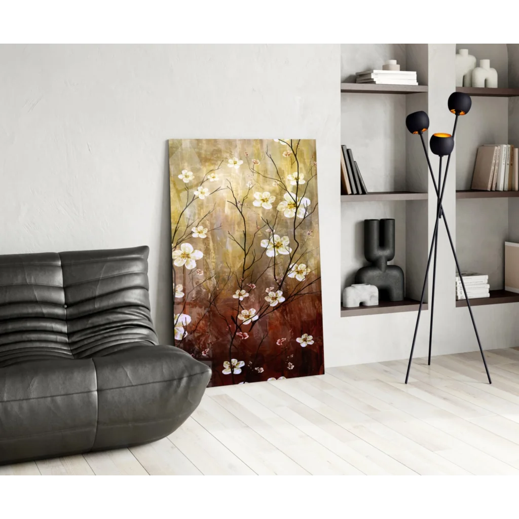 Stunning blossom canvas wall art with gold brown gradient