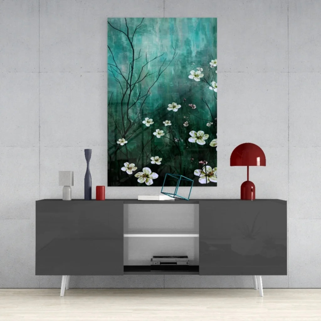 Stunning teal blossom canvas wall art with white flowers on green background