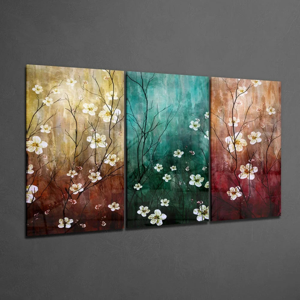 Stunning floral canvas wall art with white blossoms on dark branches in gold teal rust gradients