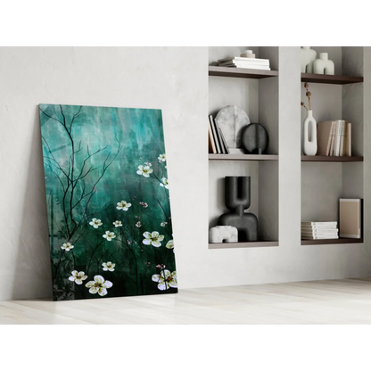 Teal blossom canvas wall art with white florals and black branches