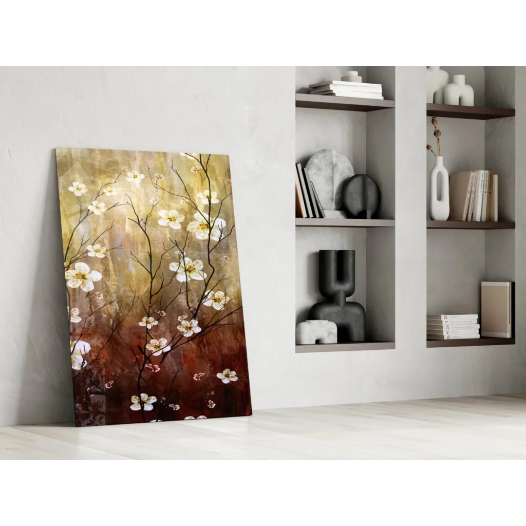 Stunning blossom canvas wall art with gold brown gradient