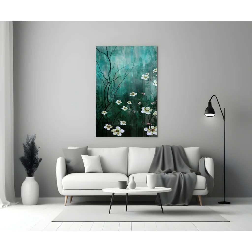 Teal blossom canvas wall art with white flowers on textured background