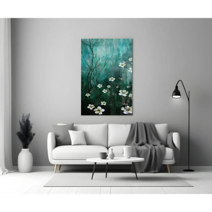 Teal blossom canvas wall art with white flowers on textured background