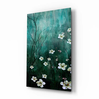 Teal black abstract floral wall art canvas with white blossoms on misty background