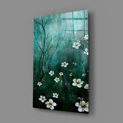 Teal and green abstract canvas wall art with white blossoms on dark branches