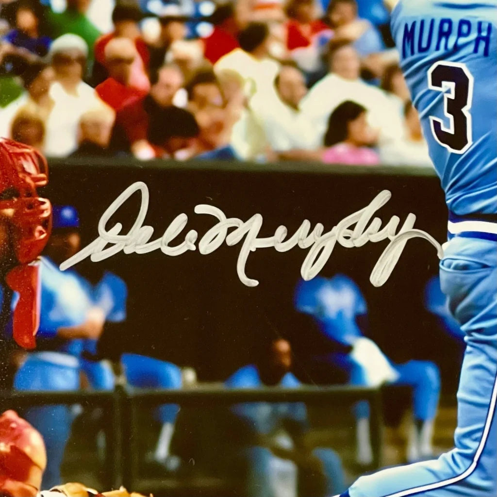 Framed 11x14 Dale Murphy signed Braves photo with blue jersey number 3 Murph