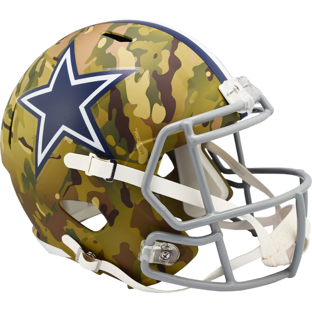 Dallas Cowboys camo helmet with star logo and black faceguard