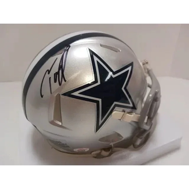 Silver Dallas Cowboys signed autographed mini helmet with dark blue star logo and autograph