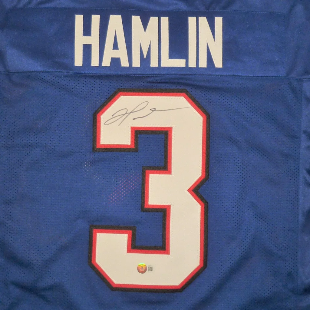 Damar Hamlin autographed blue custom jersey with white red outlined number 3