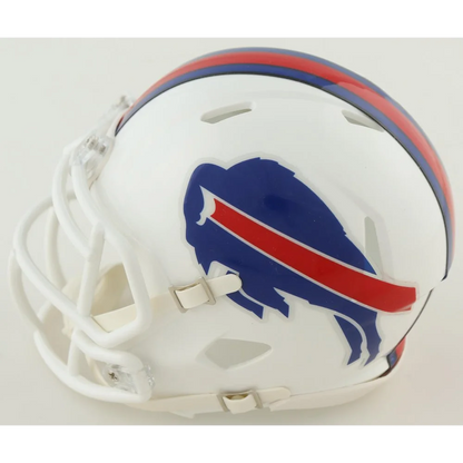 White Bills Speed Mini Helmet with Blue Buffalo Logo and Red Stripe featuring Damien Harris signature