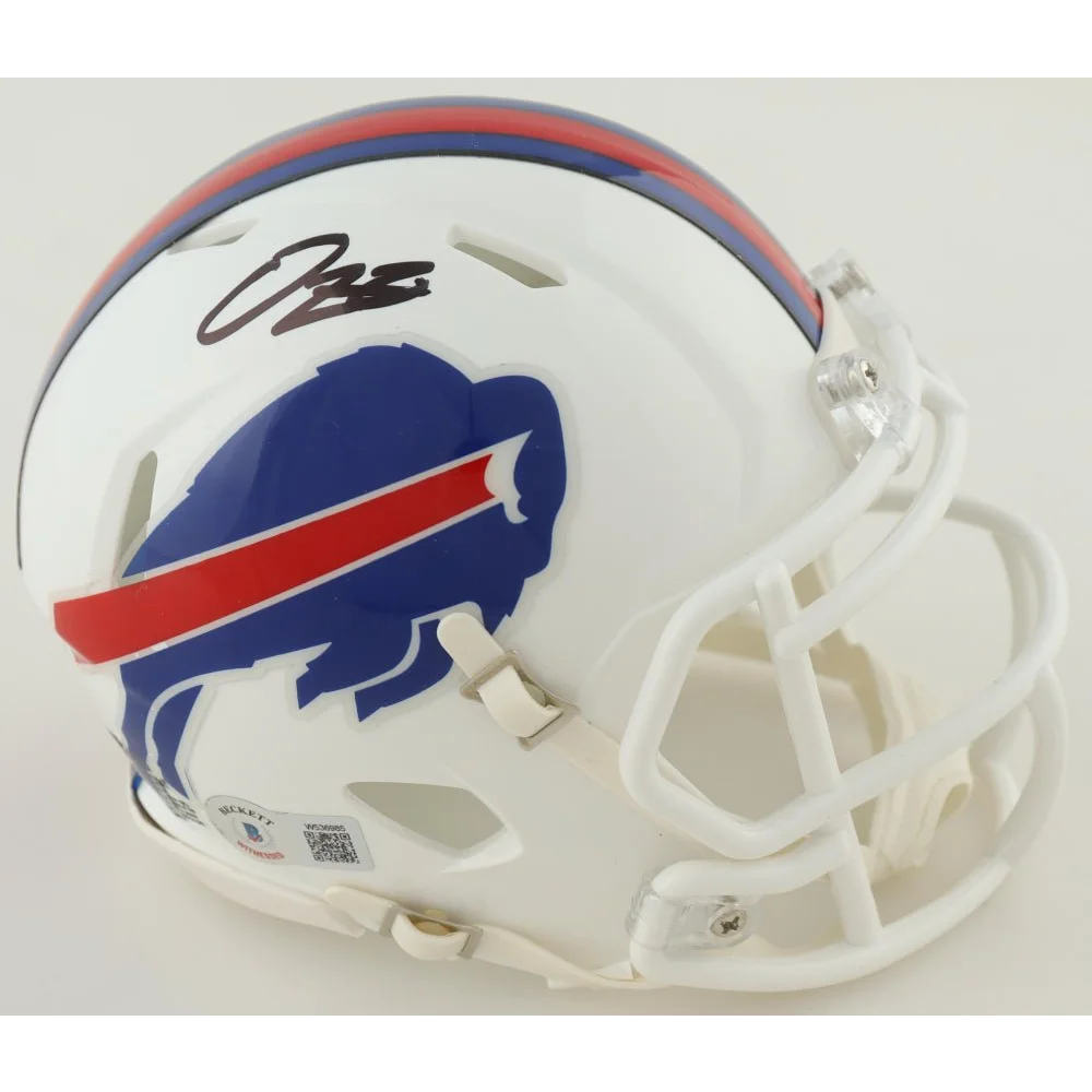 White Buffalo Bills speed mini helmet signed by OJ Simpson with Blue Buffalo logo