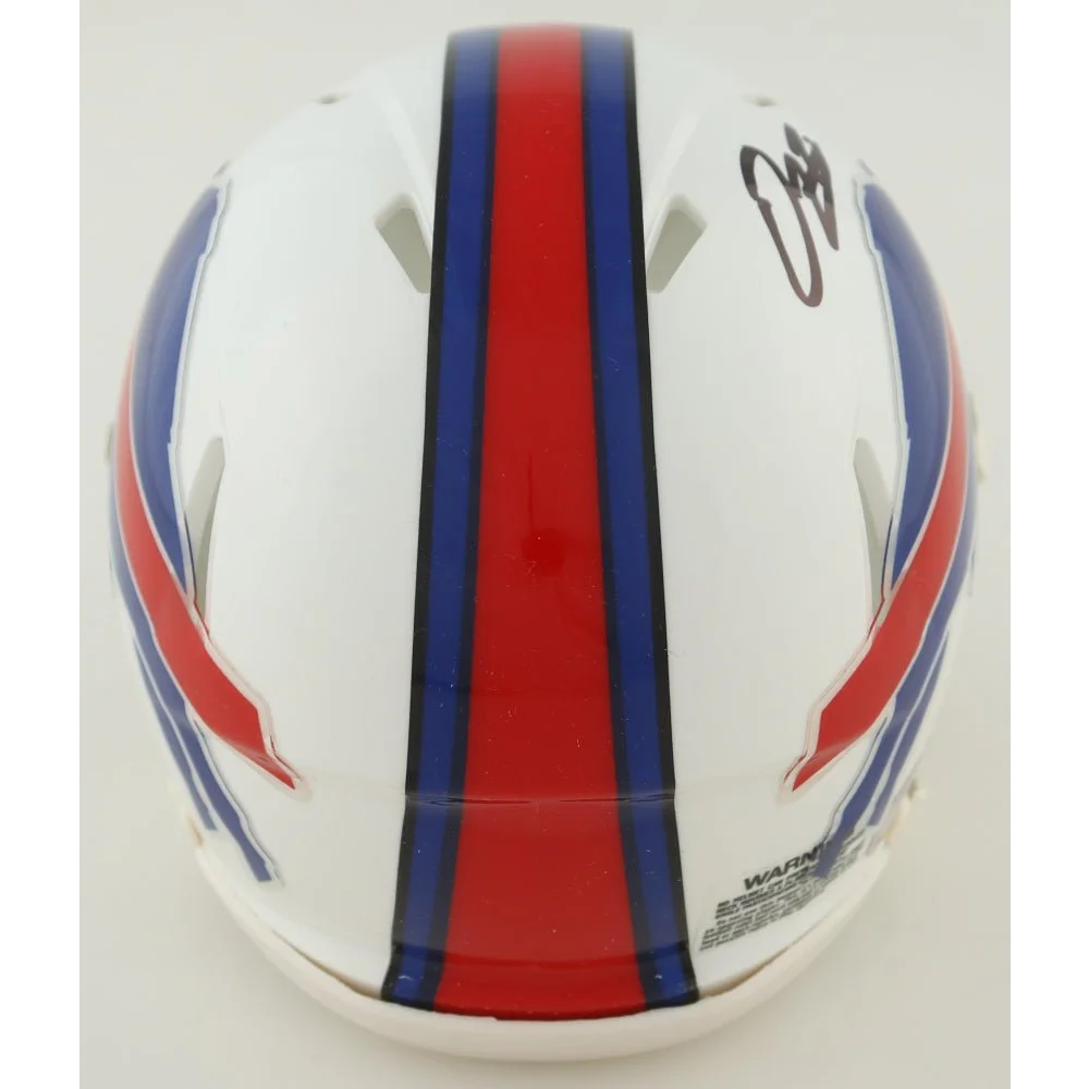 White Bills Speed Mini Helmet with Red Blue Stripes and Damien Harris Signature