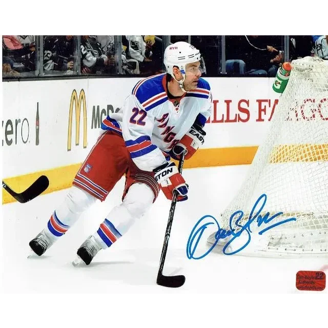 Autographed Dan Boyle York Rangers 8x10 hockey photo in white, red, and blue uniform