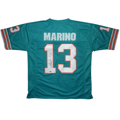 Back view of teal miami dolphins autographed custom jersey featuring dan marino 13 in white and orange trim